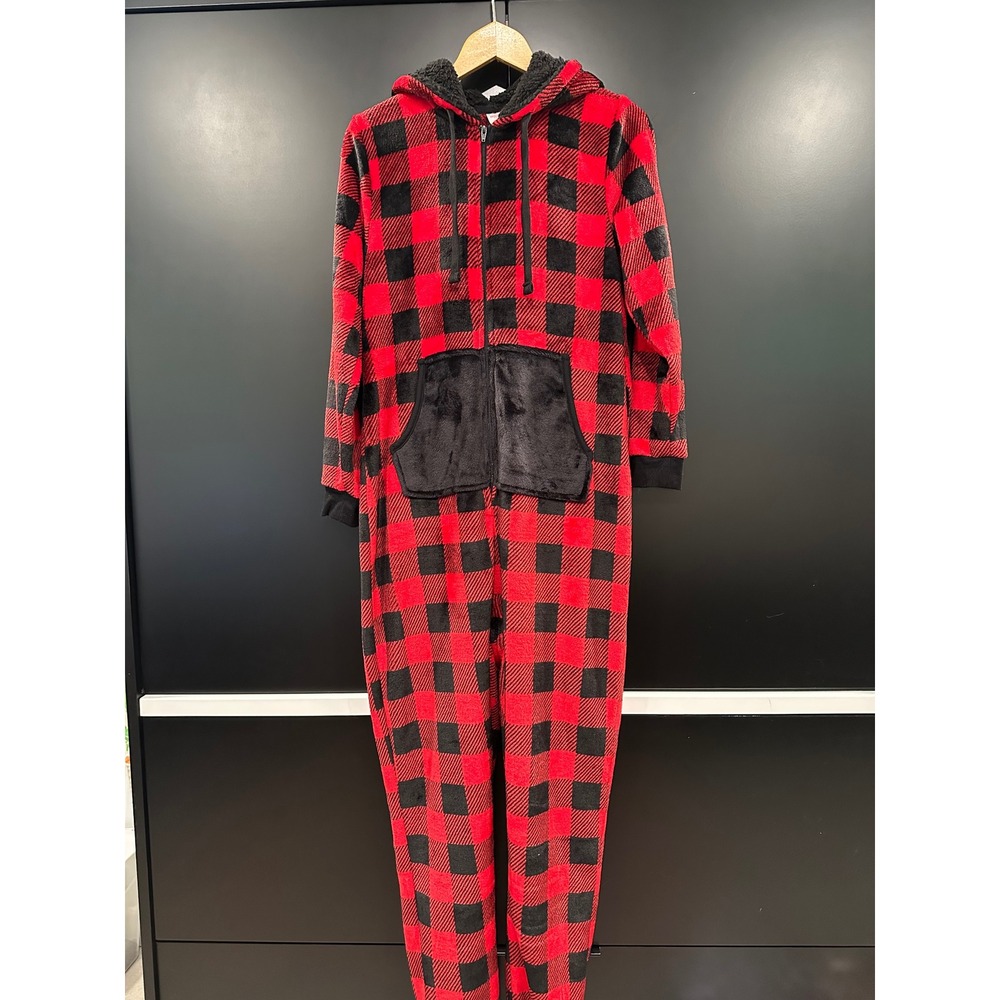 Holiday Time Womens Red Black Buffalo Plaid Fleece Union Suit Pajamas XS 0-2 NWT
